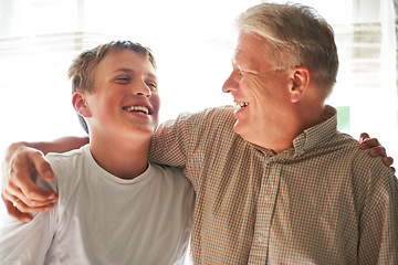 Image showing Senior man, boy and laugh with smile, happy and embrace with love, grandchild and joy. Grandparent, support or bonding together for relationship, family and hug with teenager, house or grandfather