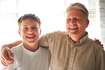 Image showing Grandparent, teenager and embrace with smile, happy and hug with love, grandchild and home. Elderly, support or bonding together for relationship, family and retired with boy, house and grandfather