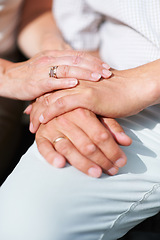 Image showing Marriage, holding hands or old couple with support, love or hope in commitment together at home. Zoom, wedding ring or senior man bonding to relax with a mature woman on anniversary for trust or care