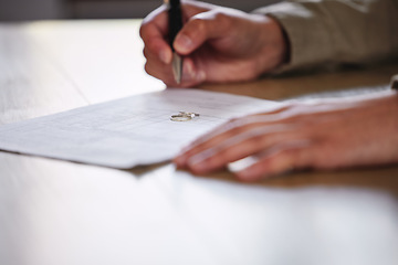 Image showing Signing on the dotted line of heartbreak. a man signing divorce papers.