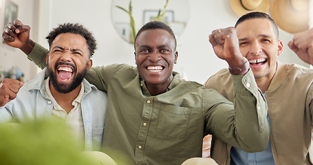 Image showing We support the same team, thats what makes us extra close. three male friends looking cheerful while sitting together.