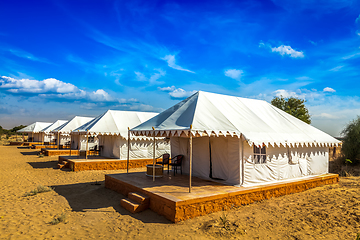 Image showing Tent camp in Thar desert. Jaisalmer, Rajasthan, India.