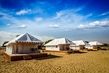 Image showing Tent camp in desert. Jaisalmer, Rajasthan, India.