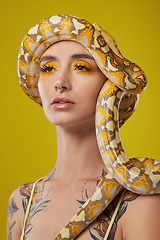 Image showing In a golden state of mind. a young woman posing with a snake on her head against a yellow background.