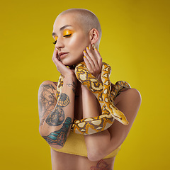 Image showing I dream in shades of yellow. a fashionable woman holding a snake while modelling a yellow concept.