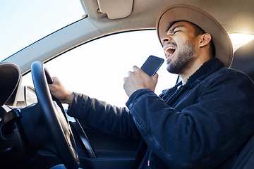 Image showing To stay on the road is a massive achievement. a young man singing in the car.