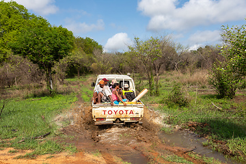 Image showing Group of people on the back of a car driving through a muddy forest road. Antsalova, Madagascar