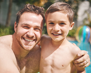 Image showing My champion swimmer. Cropped portrait of a handsome young man and his son swimming outside.