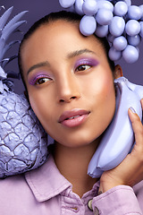 Image showing Do you know whats on my mind...Studio shot of a beautiful young woman modelling a purple colour concept.