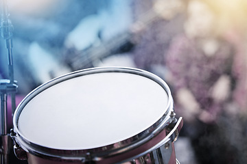 Image showing The drums are raring to go. High angle shot of a drum set on stage.