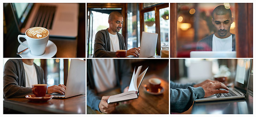 Image showing From work to relaxation, this cafe has it all. Composite of a young man using a laptop, reading a book and having coffee at a cafe.