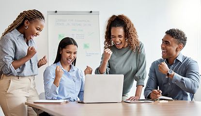 Image showing Nothing feels better than seeing your efforts pay off. a group of businesspeople looking cheerful while looking at something on a laptop.