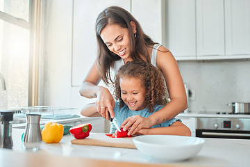 Image showing Smiling mixed race mother and small daughter chopping vegetables and preparing vegetarian meal in the kitchen at home