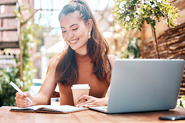 Image showing Freelance entrepreneur working in a restaurant, planning, writing notes in her notebook. Smiling young businesswoman drinking coffee, working on her laptop in a cafe. Teleworking businesswoman in caf