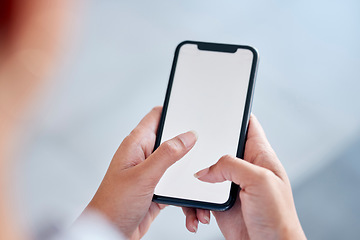 Image showing Closeup shot of an empty cellphone screen. Unknown female working texting while using. a phone to check social media. Unrecognizable female using the internet while a on a break