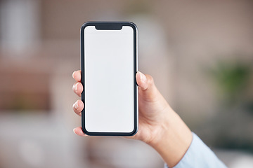 Image showing Unrecognizable woman showing cell phone with mockup, advertising application or website, promoting online product or service over blue background, closeup