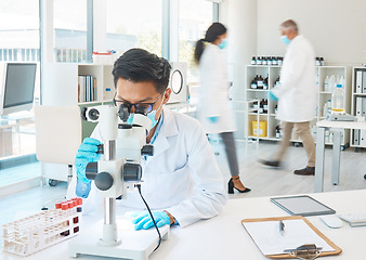 Image showing Focused and determined even amongst the hustle and bustle. a young scientist using a microscope while working in a busy lab.