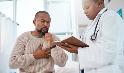 Image showing Sounds like you have an infection. a mature man coughing during a consultation with a doctor in a clinic.