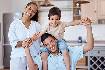 Image showing Ready for a day filled with fun. Portrait of a little boy bonding with his parents at home.