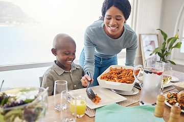 Image showing Whatever you call it, you need family. a mother dishing food for her son at home.