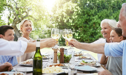 Image showing When family gets together, it calls for a celebration. a family sharing a toast while enjoying a meal together.