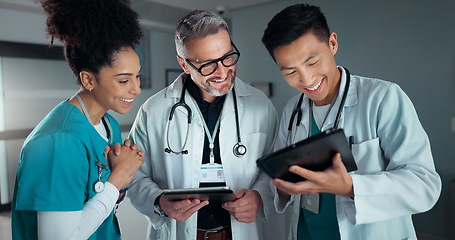 Image showing Doctors, nurses and tablet with healthcare success, applause and celebration of hospital results or solution. Happy medical team, mentor and students on digital technology for hospital news or goals