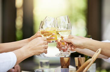 Image showing Let the good times roll. a group of people sharing a toast around the dining table.