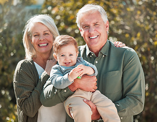 Image showing Theres a new baby in the family. an affectionate mature couple and their grandson outdoors.