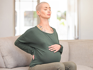 Image showing Being pregnant can be tough. an attractive young pregnant woman looking uncomfortable while sitting on the sofa at home.