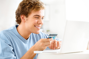 Image showing Making my purchases come to my door. a young man using his laptop to make online payments.