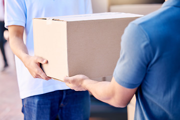 Image showing Spend your energies on moving forward. a unrecognizable delivery man handing over a package to a client outside.