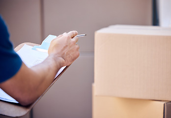 Image showing We see our customers as invited guests to a party. a unrecognizable man using a clipboard while delivering outside.