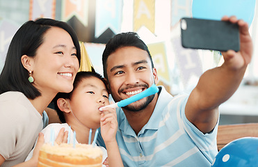 Image showing Something special happens on your birthday each year. a happy family taking selfies while celebrating a birthday at home.