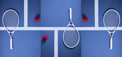 Image showing Tennis keeps my fit, sane and healthy. Composite shot of a tennis racket and ball lying against a blue background.