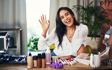 Image showing Todays video is about my favourite products. a influencer recording a makeup tutorial for her blog at home.