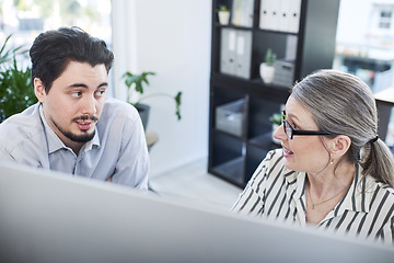 Image showing Making plans that will ensure they succeed. High angle shot of two businesspeople working together on a computer in an office.