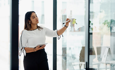 Image showing Formulating new ideas with the help of her smartest tool. a young businesswoman using a digital tablet while brainstorming with notes on a glass wall in an office.