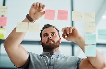 Image showing Getting a new perspective on things. a young businessman brainstorming with notes on a glass wall in an office.