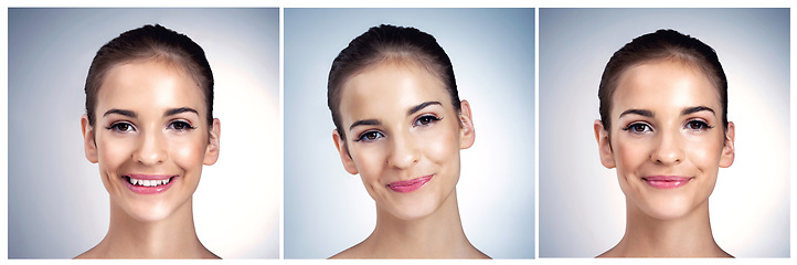 Image showing The many faces of beauty. Composite shot of a beautiful young model posing against a blue background.