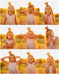 Image showing She has the amazing ability to do many facial expressions. Composite image of an adorable little girl doing different facial expressions outdoors.