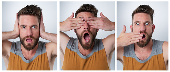 Image showing Hear no evil, see no evil, speak no evil. Composite shot of a young man pulling funny faces in studio.