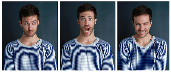 Image showing Trying not to look guilty. Composite shot of a young man pulling funny faces in studio.