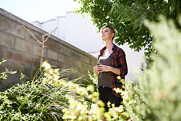 Image showing My garden - a place my thoughts love to wander. A cropped shot of a beautful young woman drinking coffee in her garden.