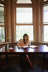 Image showing Shes hard at work on a new novel. an attractive young woman writing in a relaxed environment at home.