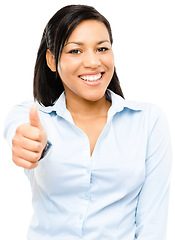 Image showing Happy mixed race business woman thumbs up isolated on white background. a young businesswoman giving the thumbs up against a studio background.