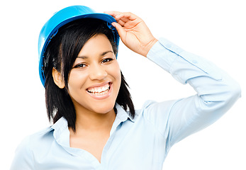 Image showing Happy mixed race business woman architect holding blue print isolated on white background. a young businesswoman working in construction against a studio background.