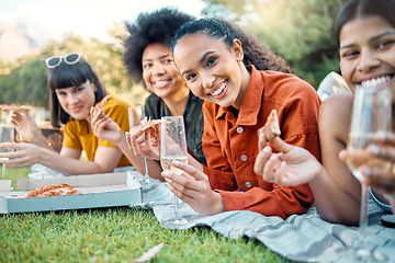 Image showing Time doesn’t take away from friendship, nor does separation. a group of friends having champagne and pizza in a park.