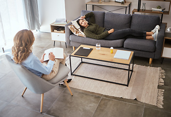 Image showing Sometimes I’ll speak to my therapist for an hour a day. a young woman having a therapeutic session with a psychologist.