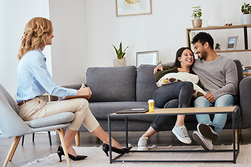 Image showing Seek therapy to restore your relationship. a happy couple at a therapy session.