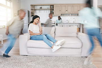 Image showing Family life is a blessed condition. a mother looking tired while her kids play at home.